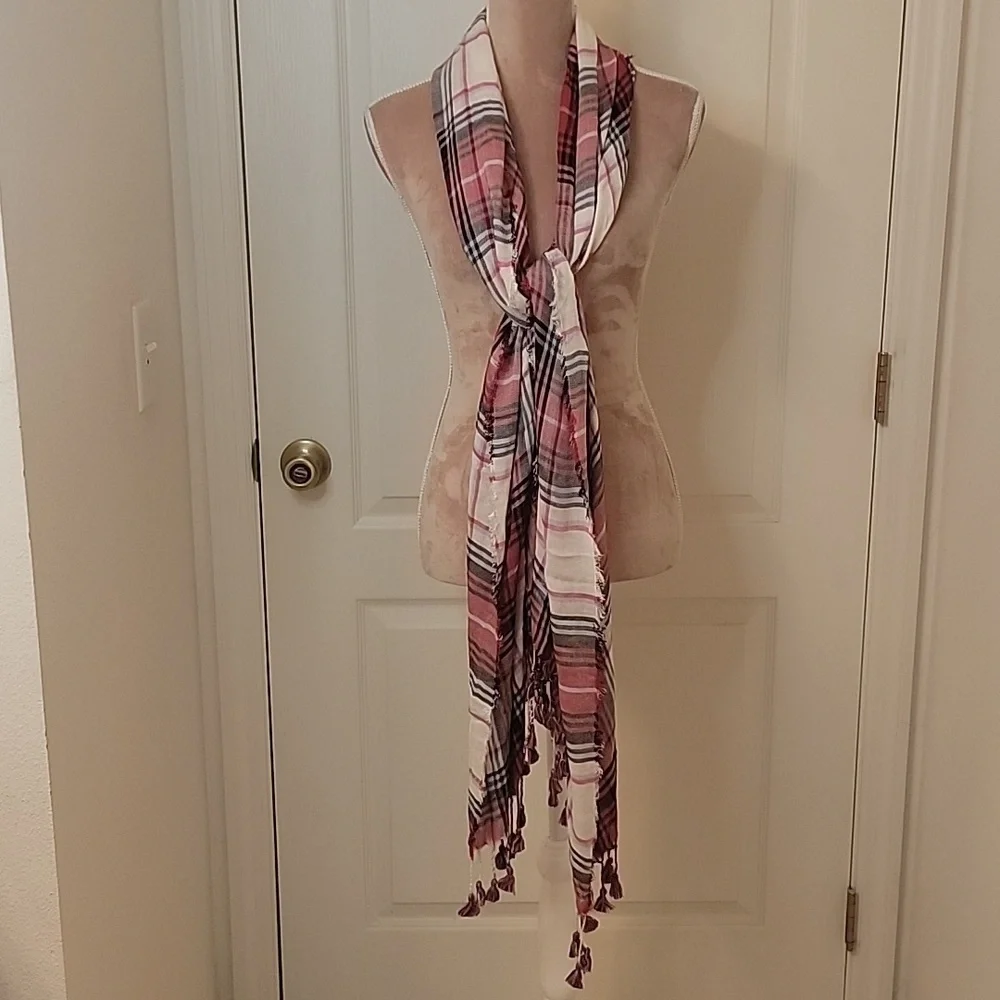 Red White and Black Plaid Scarf with Raw Hem and Tassles